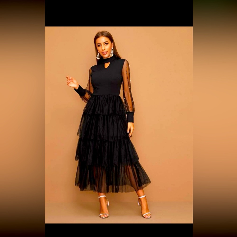 Chic Beaded Sheer Sleeve Layered Mesh Hem Peekaboo Dress black